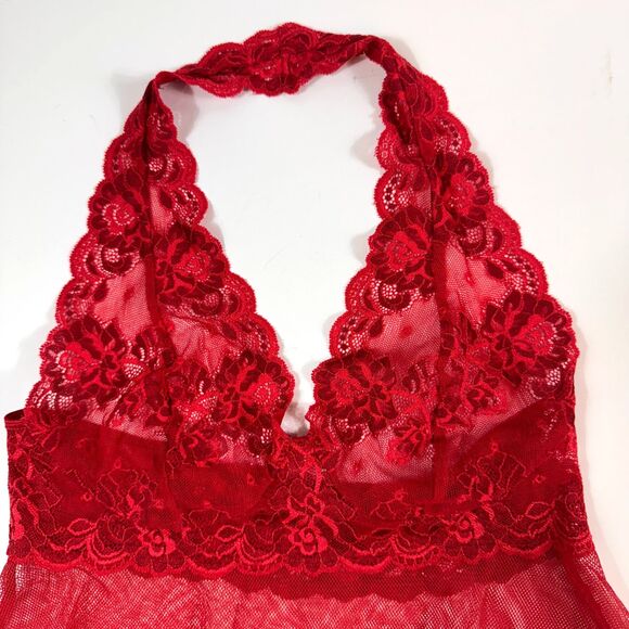 Victoria's Secret Red Lace Halter Mesh Babydoll Chemise Sz Small Sheer 2006 Y2K - Picture 2 of 9
